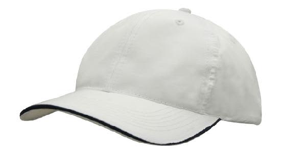 A white cap with a darker brim, featuring a wind strap and clip, and a logo on the front.
