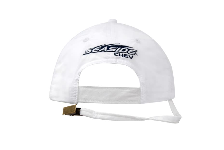 A white cap featuring a back strap and clip, with an embroidered logo.