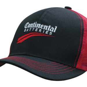 A black cap with a red mesh back, featuring a logo on the front.
