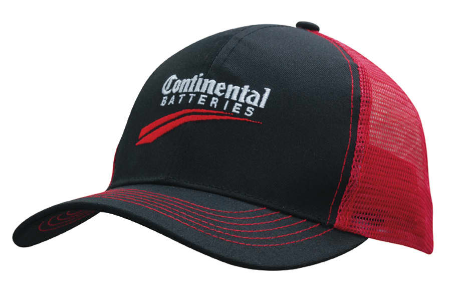 A black cap with a red mesh back, featuring a logo on the front.