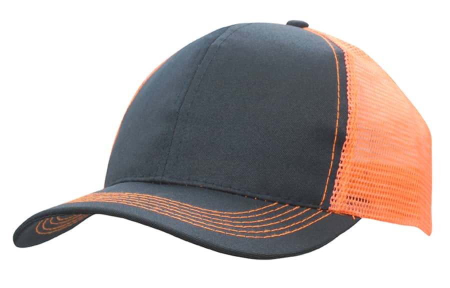A breathable poly twill cap featuring a black front and orange mesh back with contrasting stitching. It has a logo.