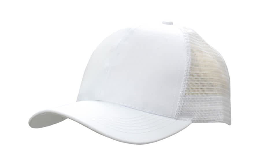 A white cap featuring a breathable poly twill front and a mesh back, with a logo on the side.