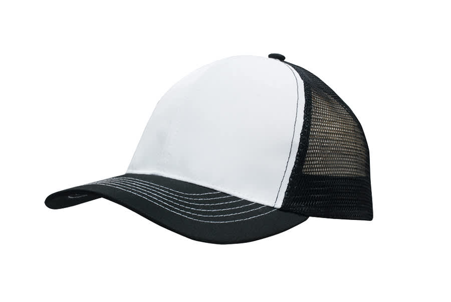 A white and black breathable poly twill cap with a mesh back, featuring a curved brim and a logo.