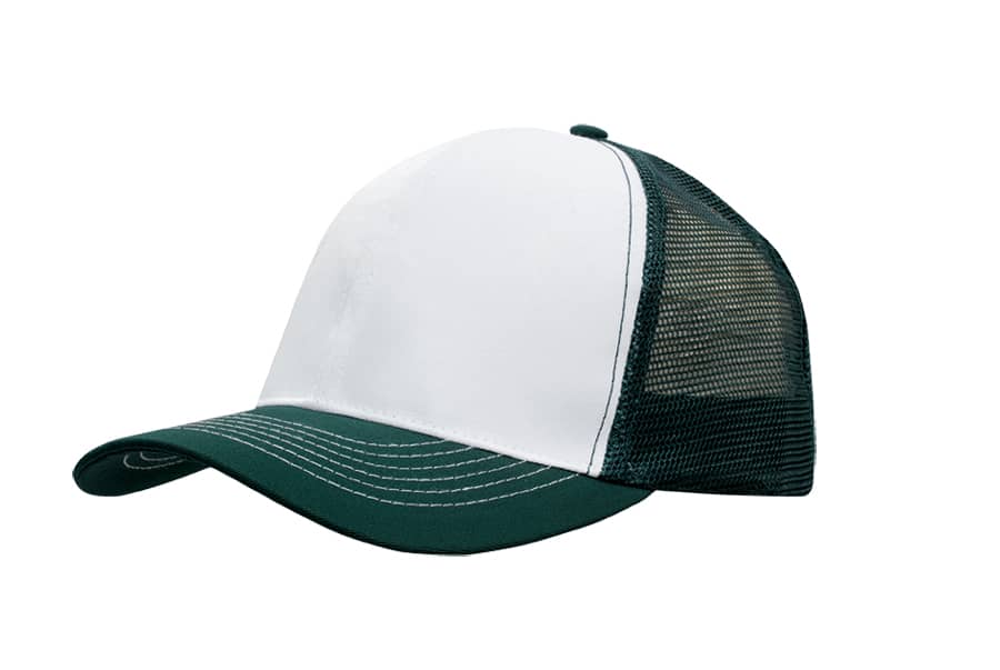 A breathable white and green cap featuring a mesh back, designed for comfort and ventilation.