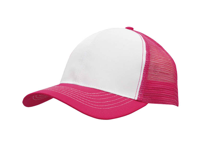 A pink and white cap with a breathable mesh back and a curved brim, featuring a logo on the front.