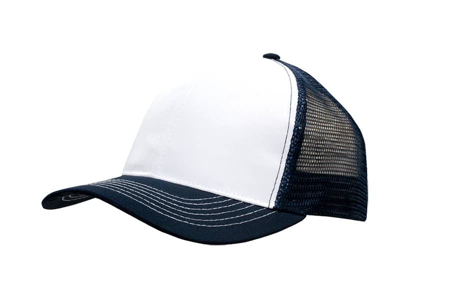 A white and navy breathable cap with a mesh back, featuring a logo on the front.