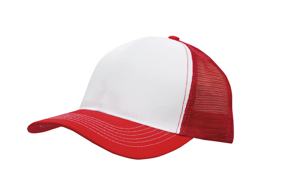 A red and white breathable poly twill cap with a mesh back and a curved peak, featuring a logo.
