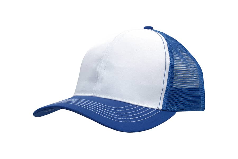A white cap with a blue brim and mesh back, featuring a logo on the side.
