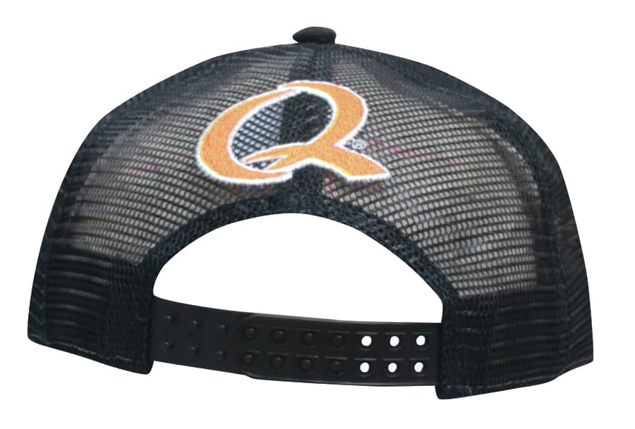 A grey marle cap with a black mesh back and an embroidered logo. Features an adjustable strap at the back.