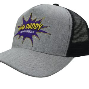A grey marled cap with a mesh black back and an embroidered logo featuring a bright graphic design.