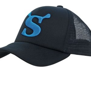 A black kids' trucker cap featuring a blue logo and a mesh back for breathability.