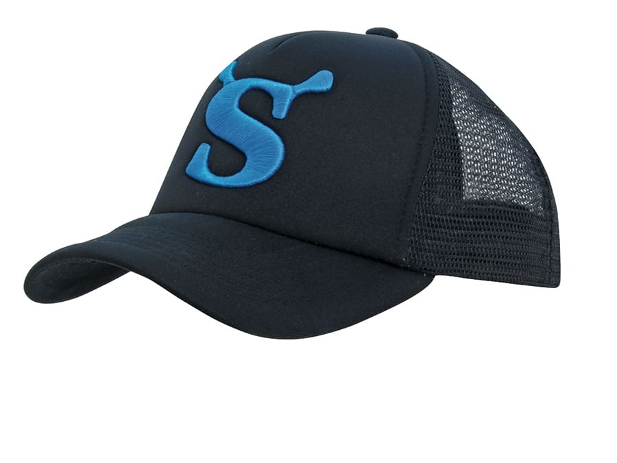 A black kids' trucker cap featuring a blue logo and a mesh back for breathability.