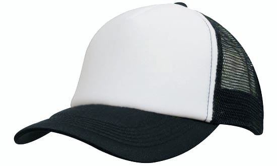 White and black trucker cap with structured white front panel, black curved brim and black mesh back panels, angled side view on a white background.