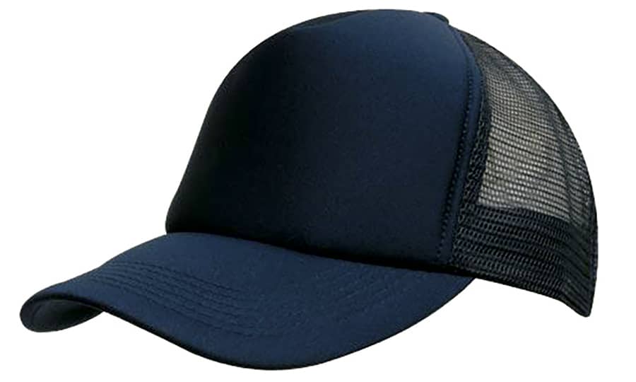 A navy kids trucker cap featuring a solid front and mesh back, designed for ventilation and comfort.