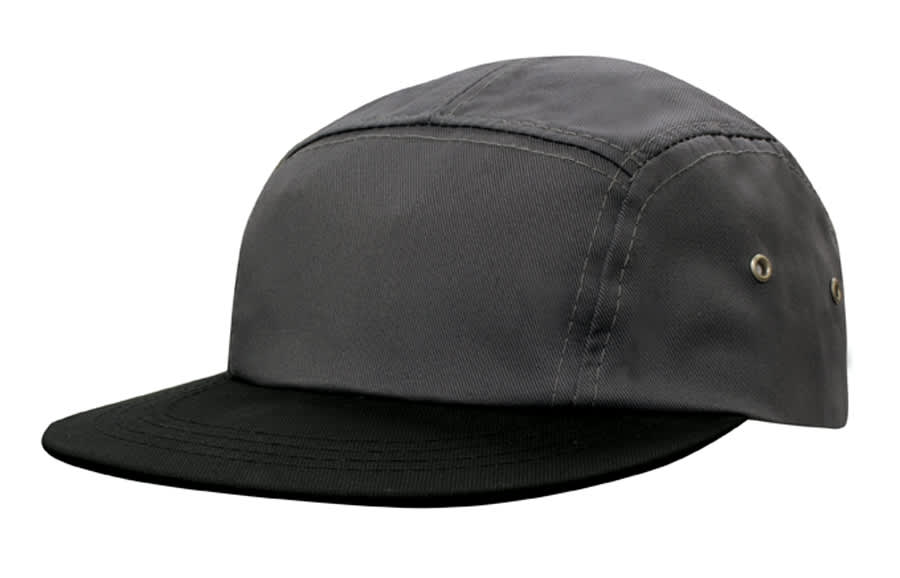 A black cotton twill cap with a square front and metal eyelets on the sides. It features a logo.