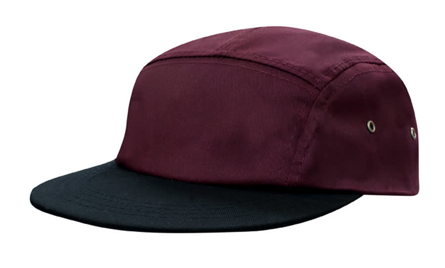 A grey and black cap with a square front and two air vents on the sides, featuring a logo.