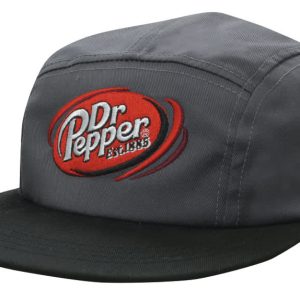 A grey and black cap featuring an embroidered logo. It has ventilation holes on the sides and a flat brim.
