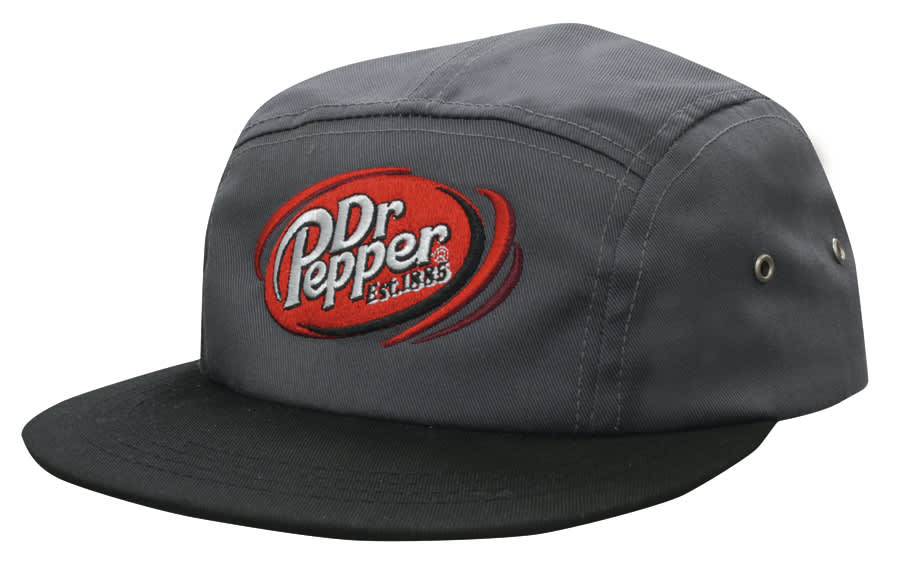 A grey and black cap featuring an embroidered logo. It has ventilation holes on the sides and a flat brim.