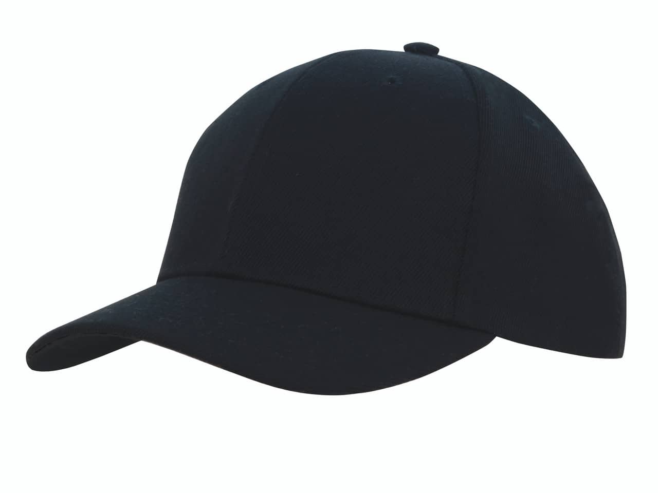 Black structured baseball cap with curved brim and six-panel design, angled front view on a white background.