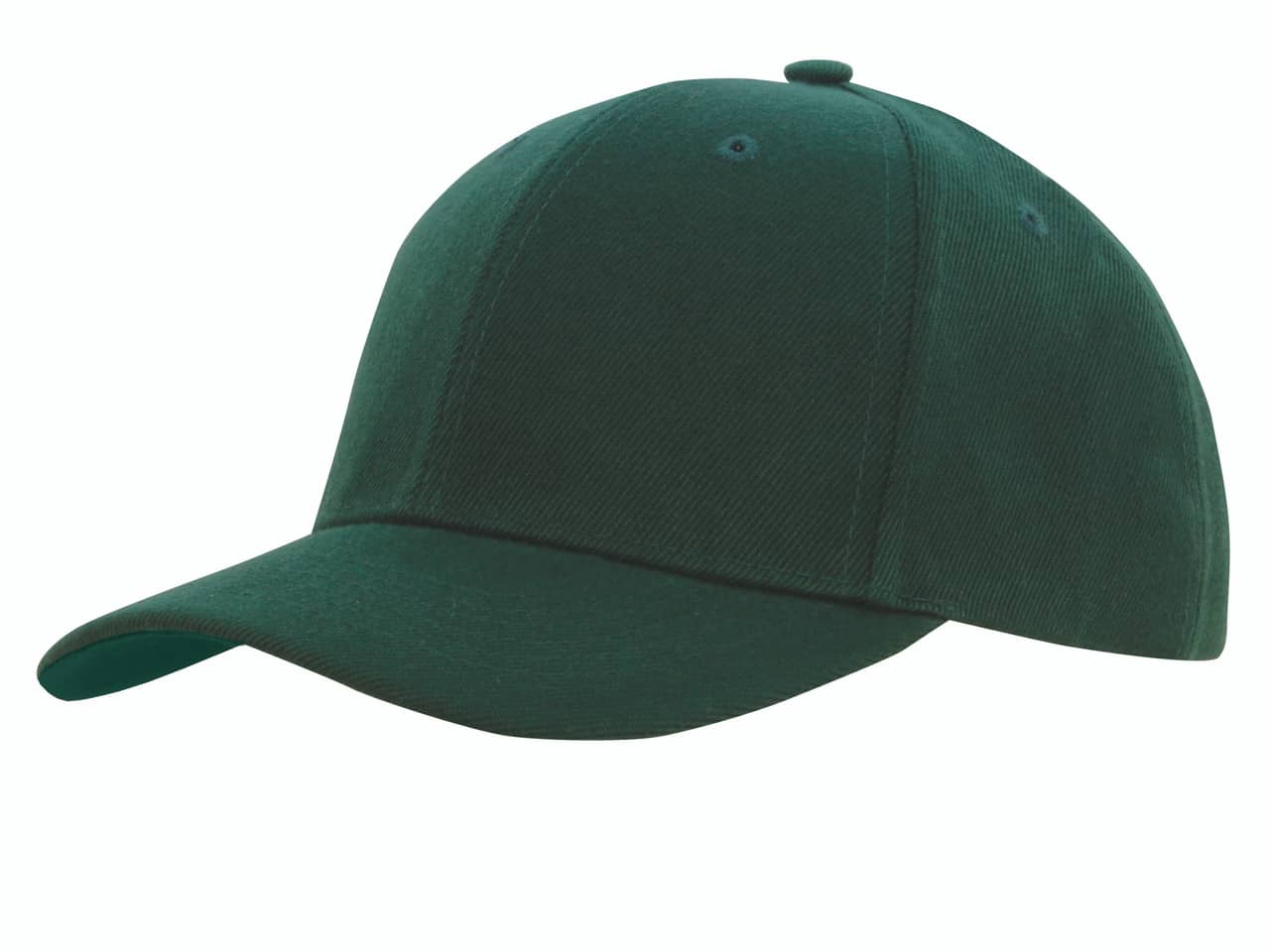 Dark green structured baseball cap with curved brim and six-panel design, angled front view on a white background.