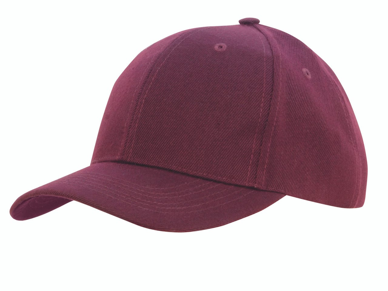 Maroon structured baseball cap with curved brim and six-panel design, angled front view on a white background.