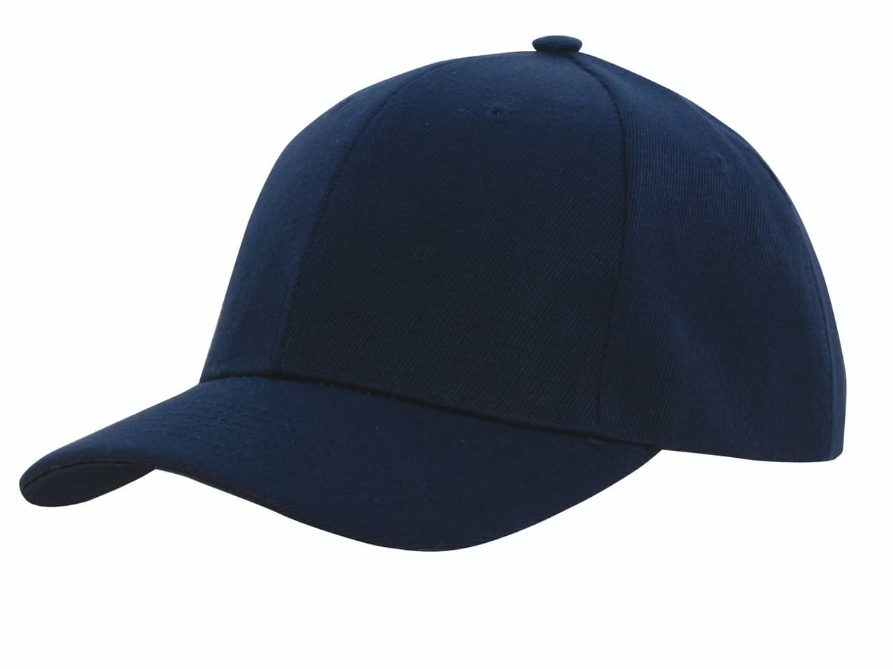Navy blue structured baseball cap with curved brim and six-panel design, angled front view on a white background.