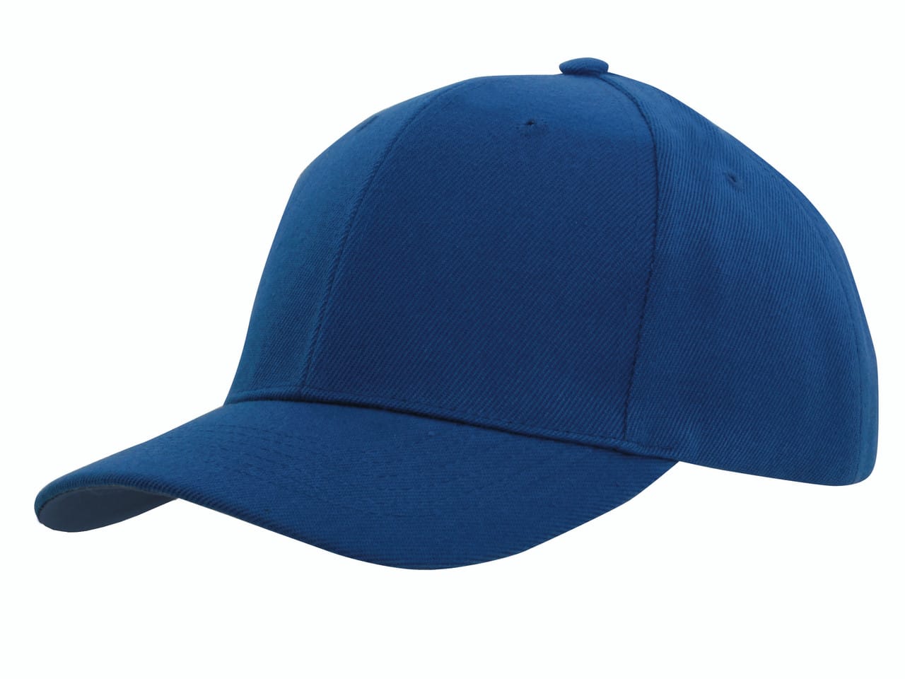 Royal blue structured baseball cap with curved brim and six-panel design, angled front view on a white background.