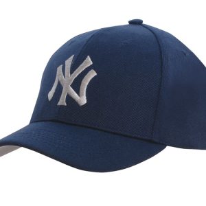 A navy cap featuring a contrasting peak and an embroidered logo on the front.