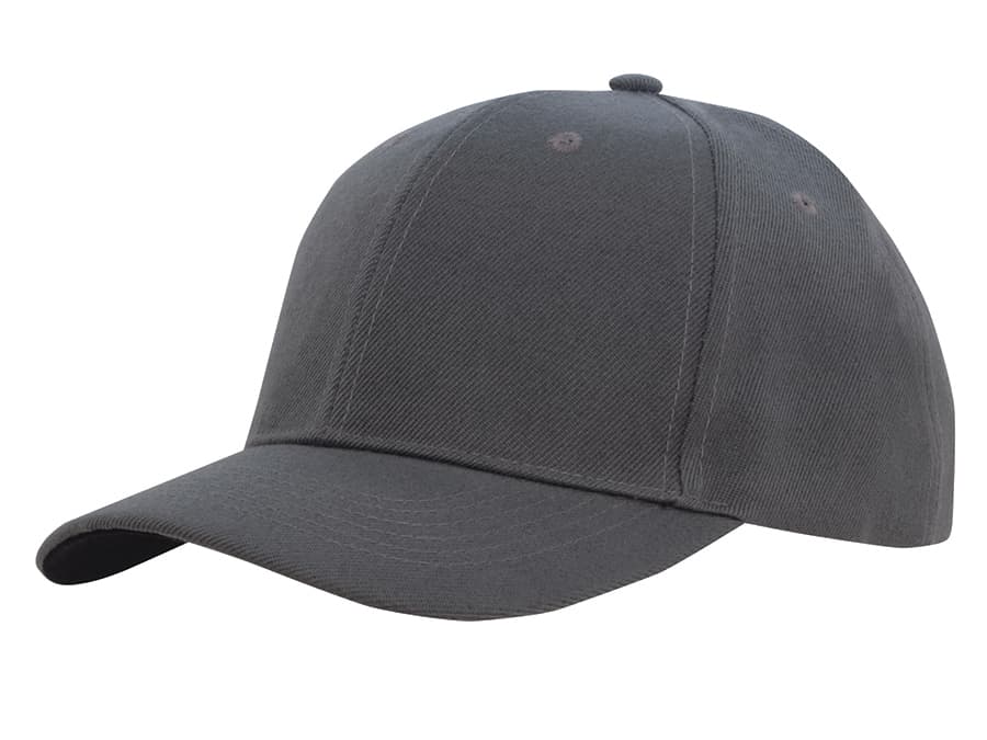 A grey baseball cap with a structured design and contrast peak underneath. It features a logo on the front.