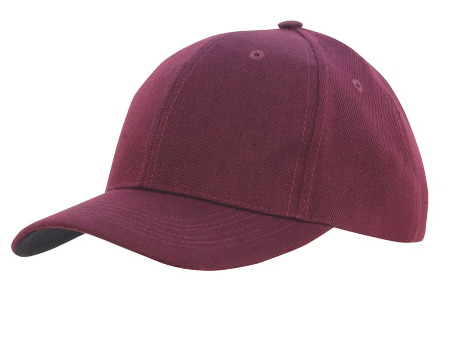 A burgundy cap with a structured design and a contrast peak under the brim, featuring a logo.