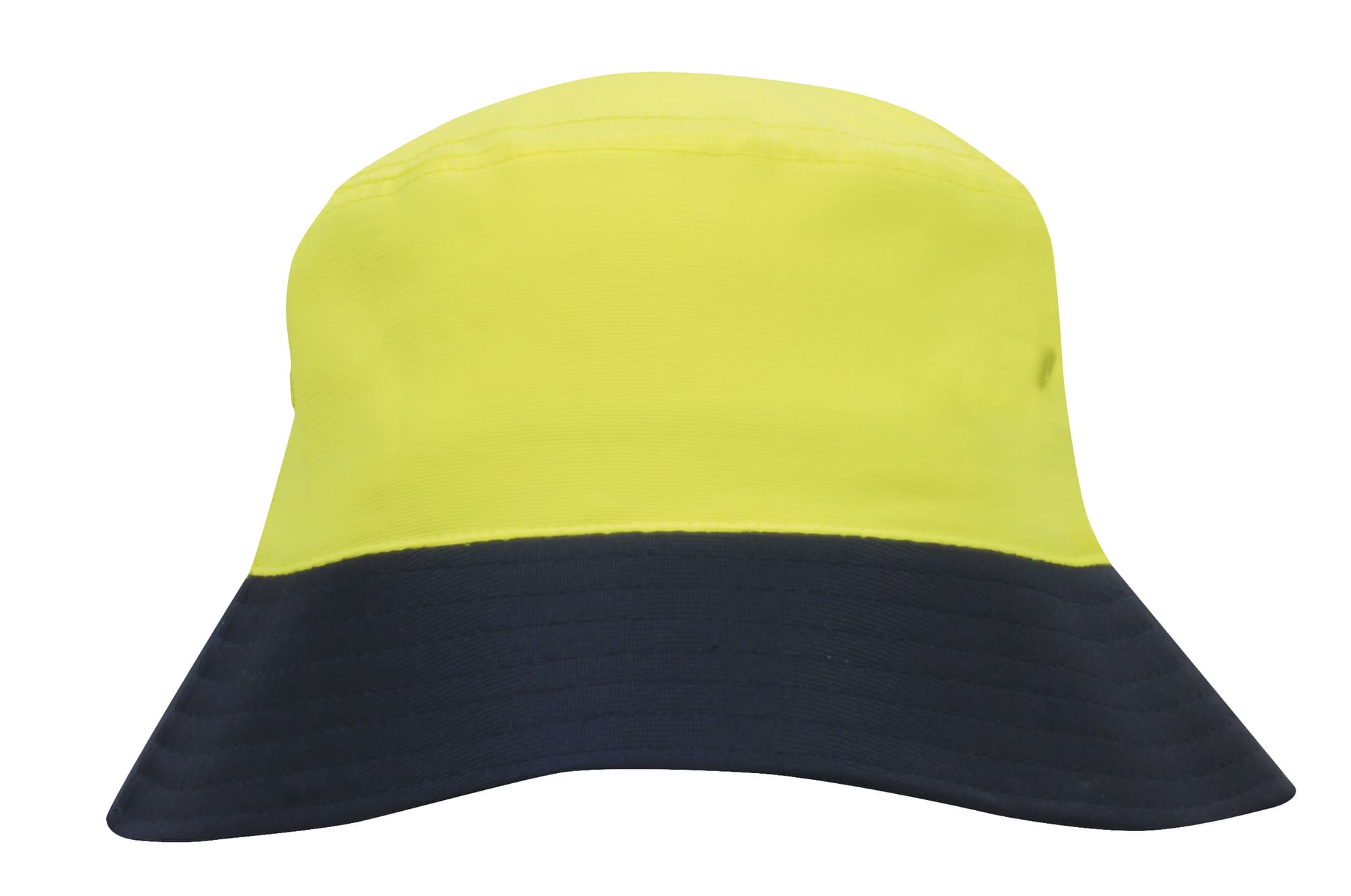A luminescent yellow and navy bucket hat with a wide brim and an internal logo. Ideal for safety and visibility.