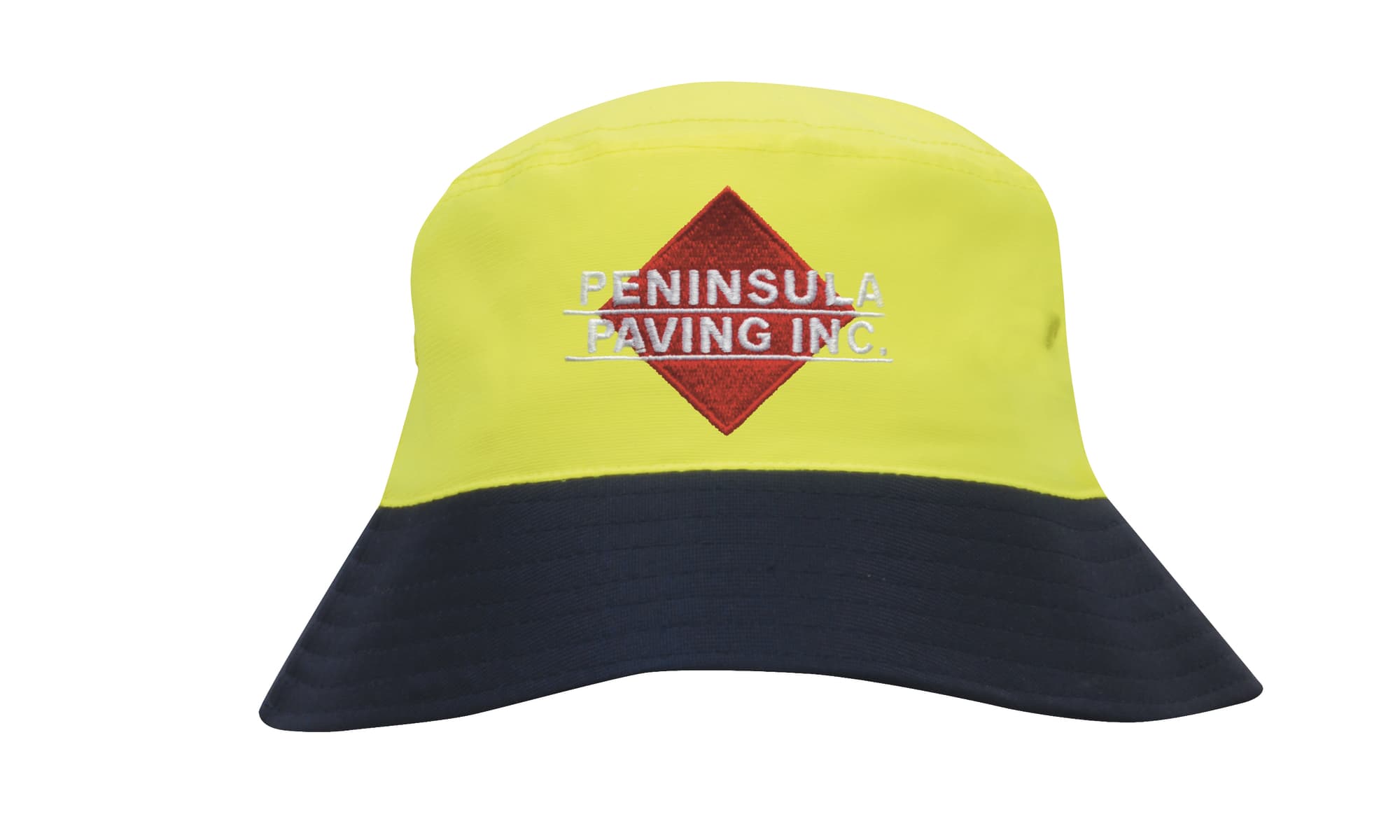 A luminescent safety bucket hat in yellow and navy, featuring an embroidered logo on the front.