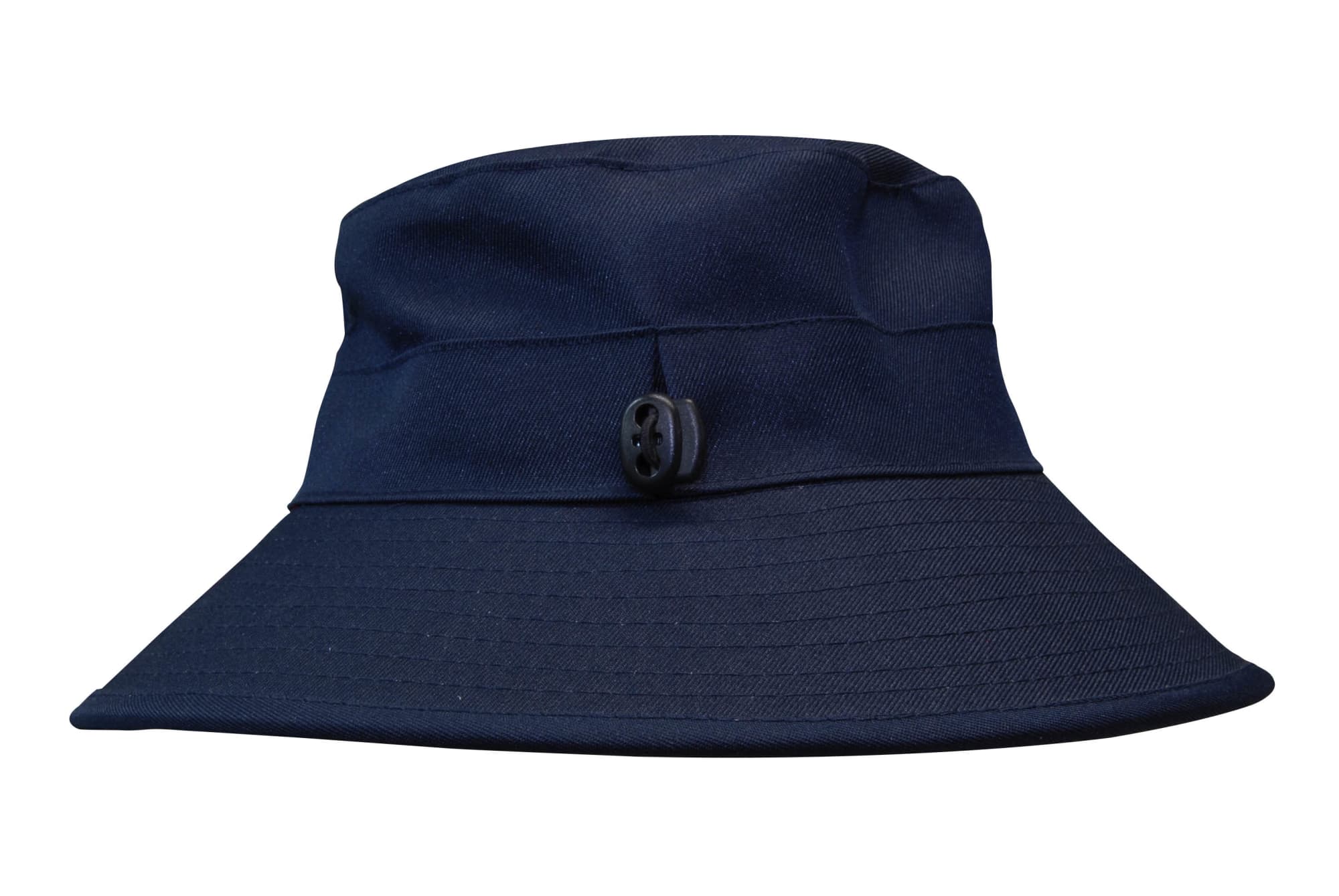 A navy reversible breathable poly twill bucket hat featuring a button detail.