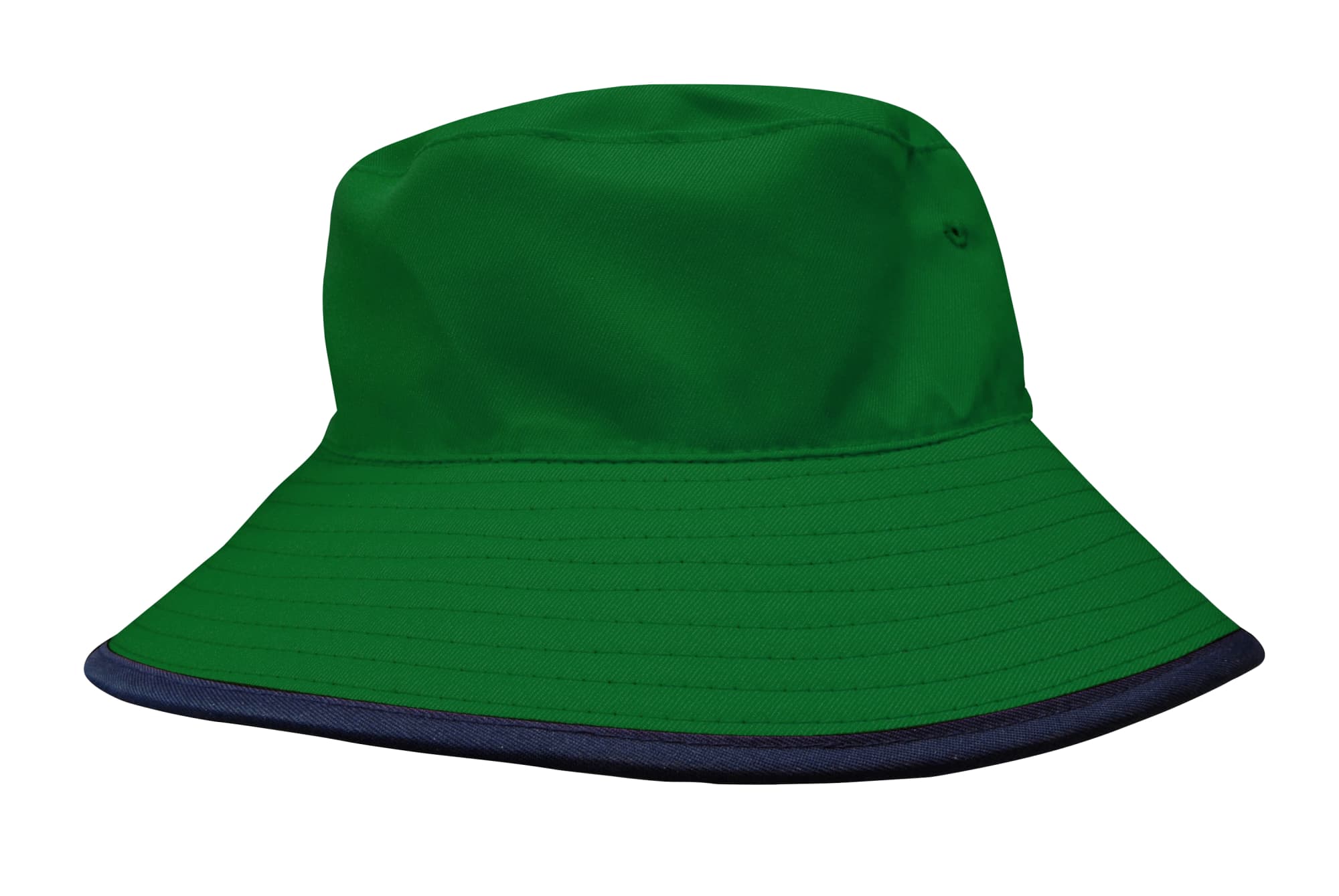 A green reversible bucket hat with a contrasting navy brim and a logo. Ideal for headwear.