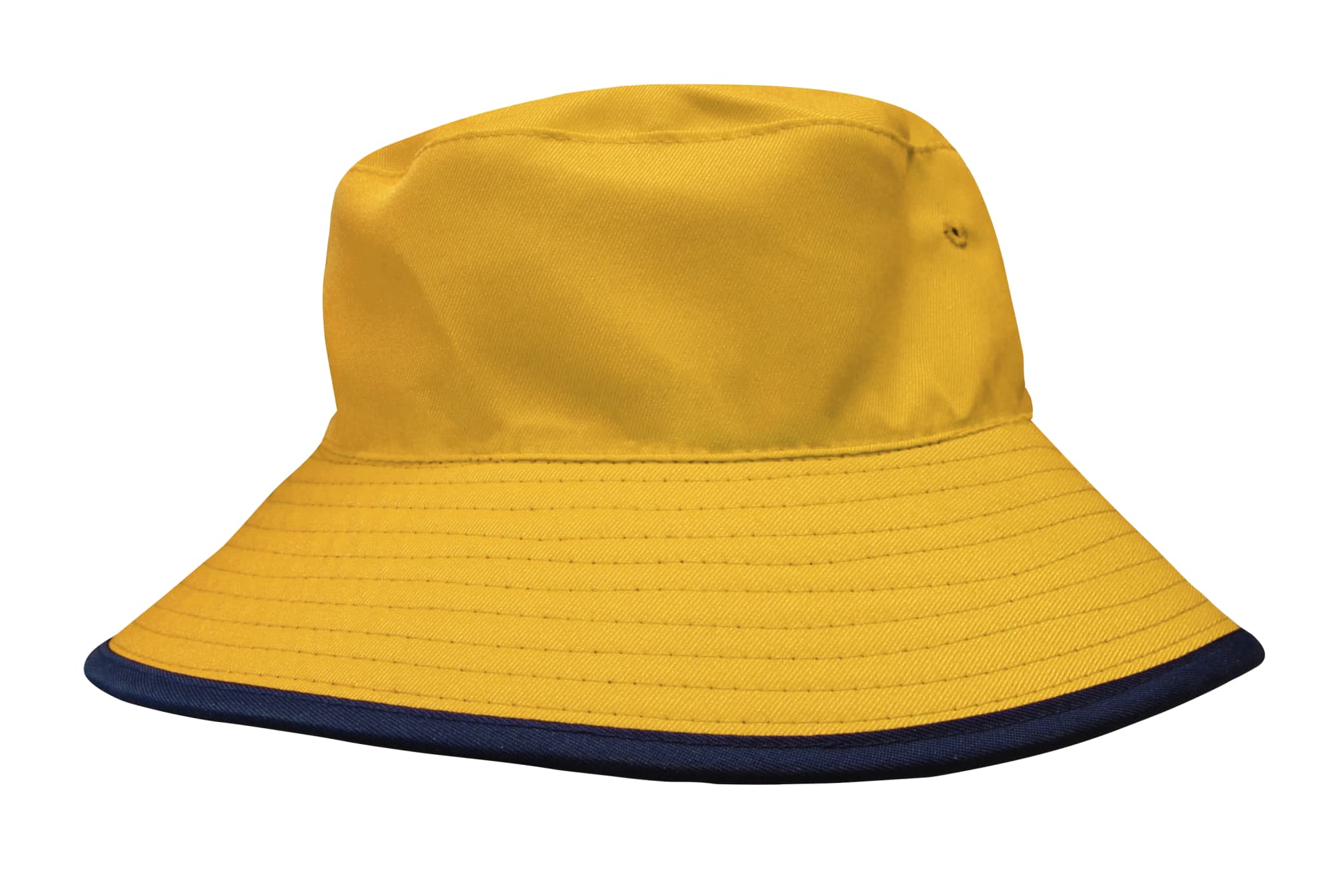 A reversible bucket hat in yellow with a navy blue brim and an attached branding logo.