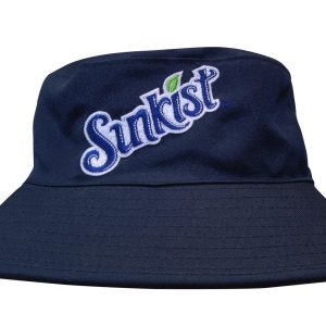 A reversible breathable poly twill bucket hat in navy blue with a logo on the front.