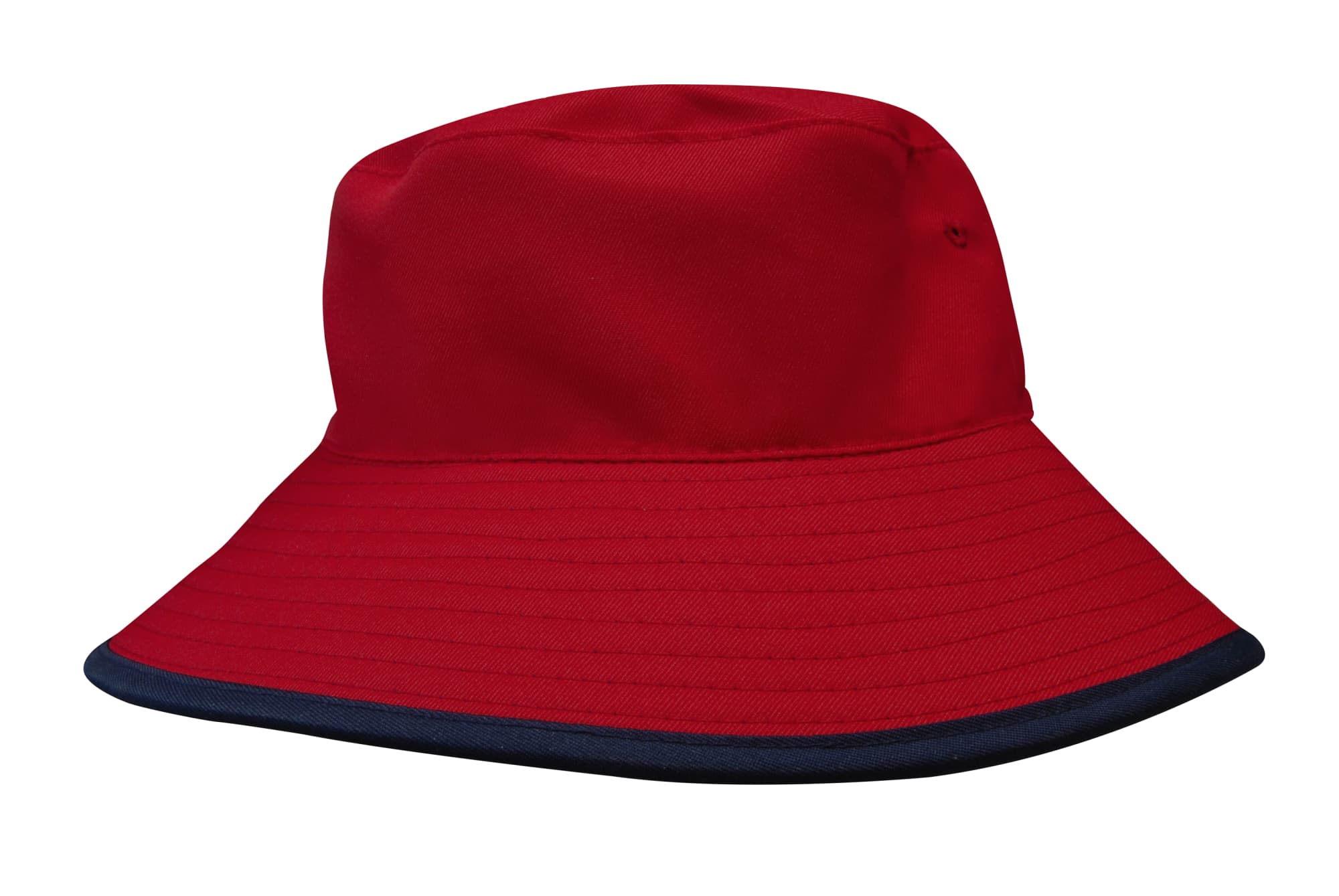 A red reversible bucket hat with a navy rim and a logo on the side. Made from breathable poly twill material.