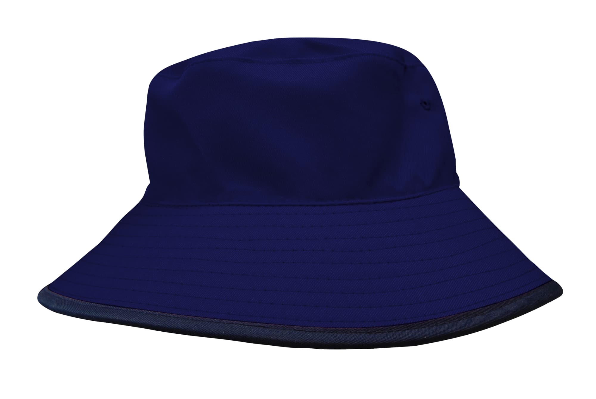 A navy blue reversible bucket hat with a wide brim and a branded logo.