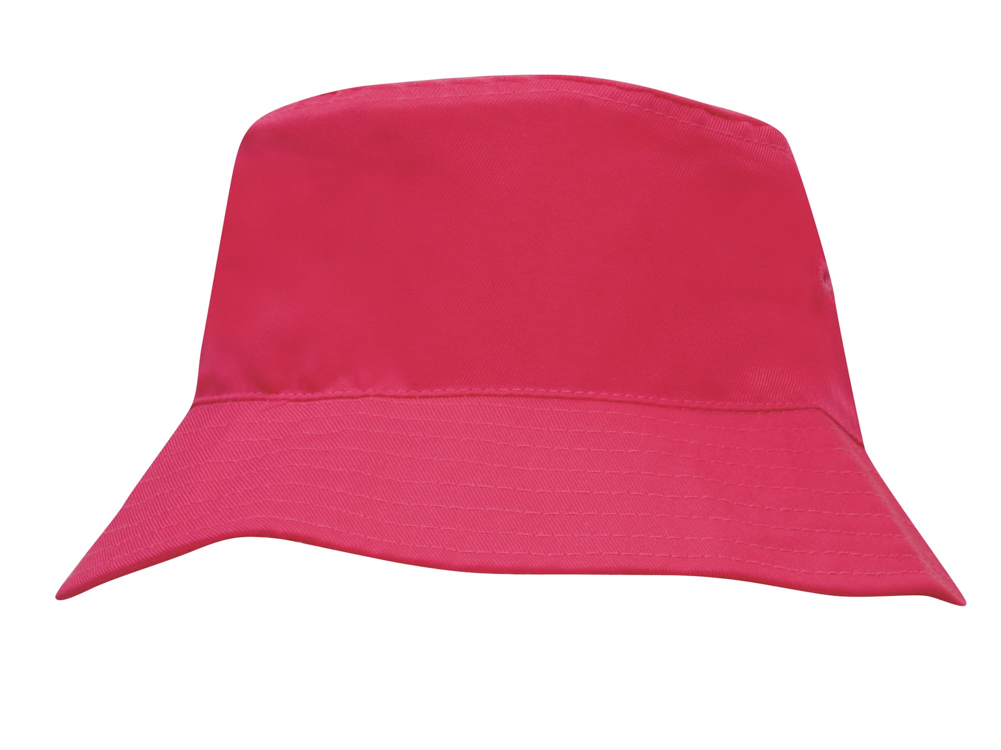 A pink breathable poly twill bucket hat featuring a wide brim and a logo on the side.