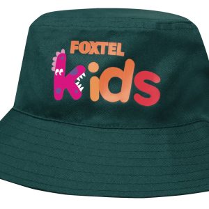 A green breathable poly twill bucket hat featuring a logo and colourful text for kids.