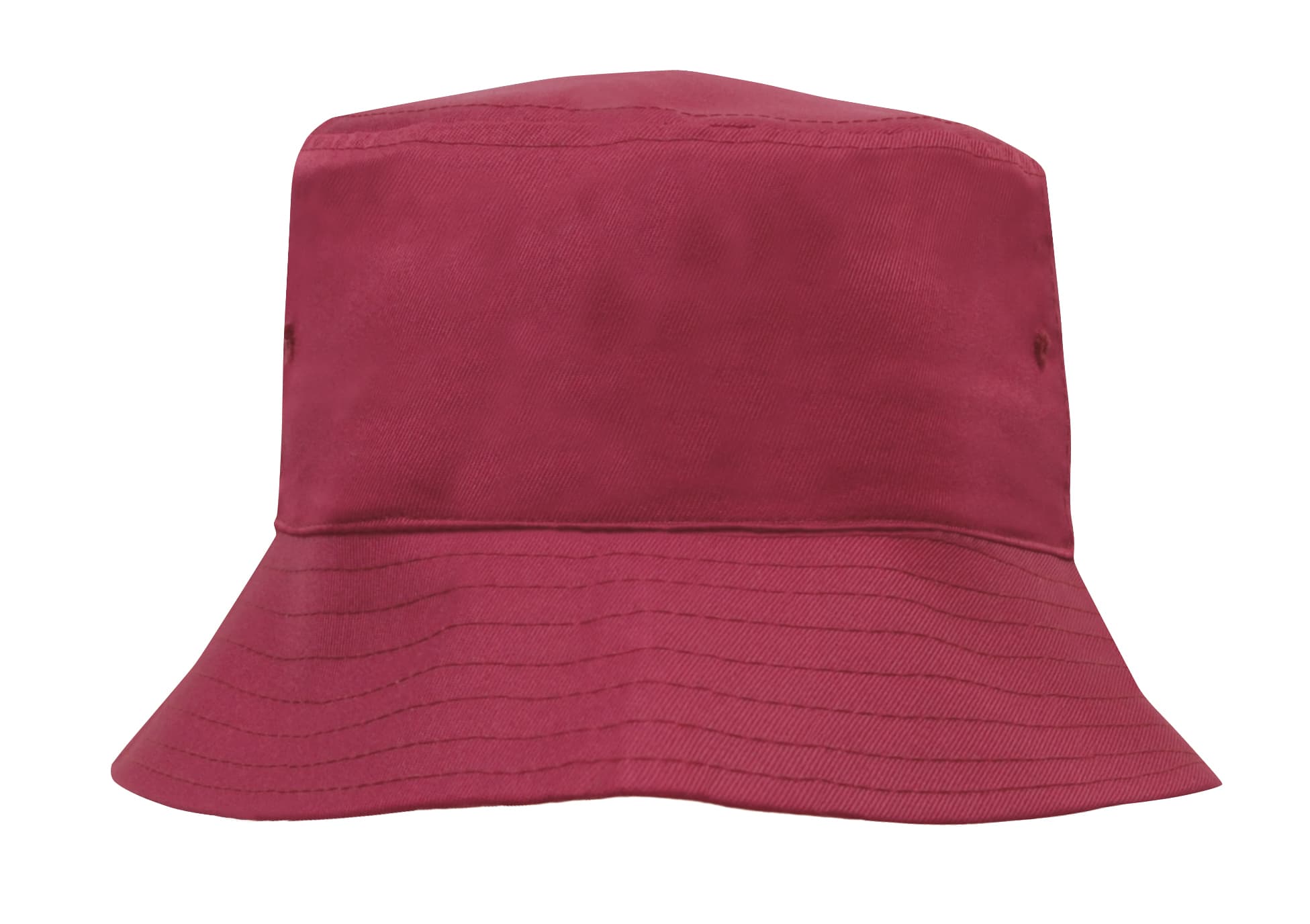 A maroon breathable poly twill bucket hat with a wide brim and stitching details. It has a simple branding logo.