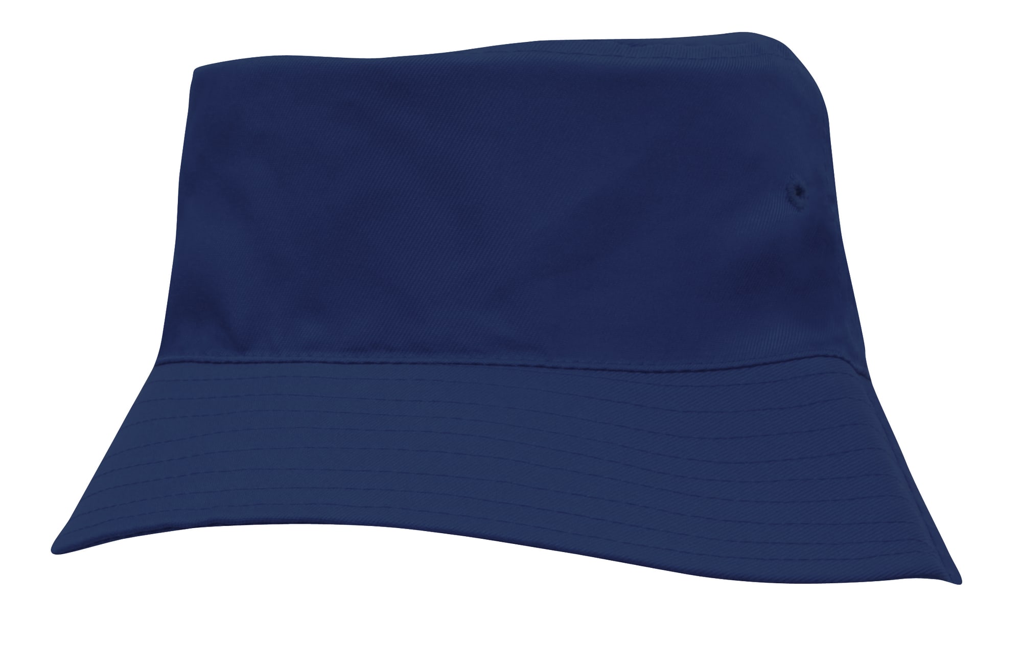 A navy blue infants' bucket hat made from breathable poly twill, featuring a wide brim and a small logo.