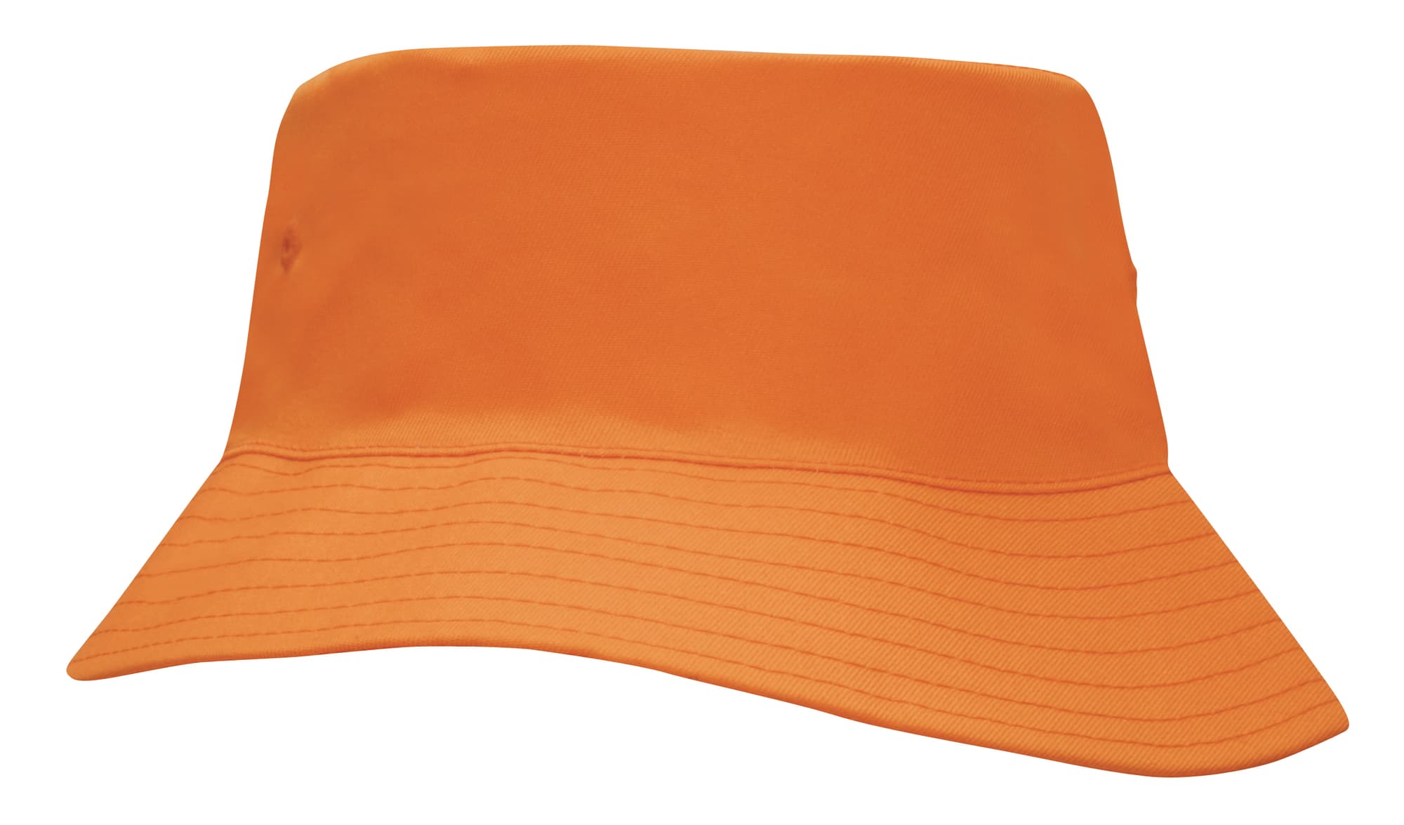 An orange breathable poly twill bucket hat with a wide brim, featuring a logo.
