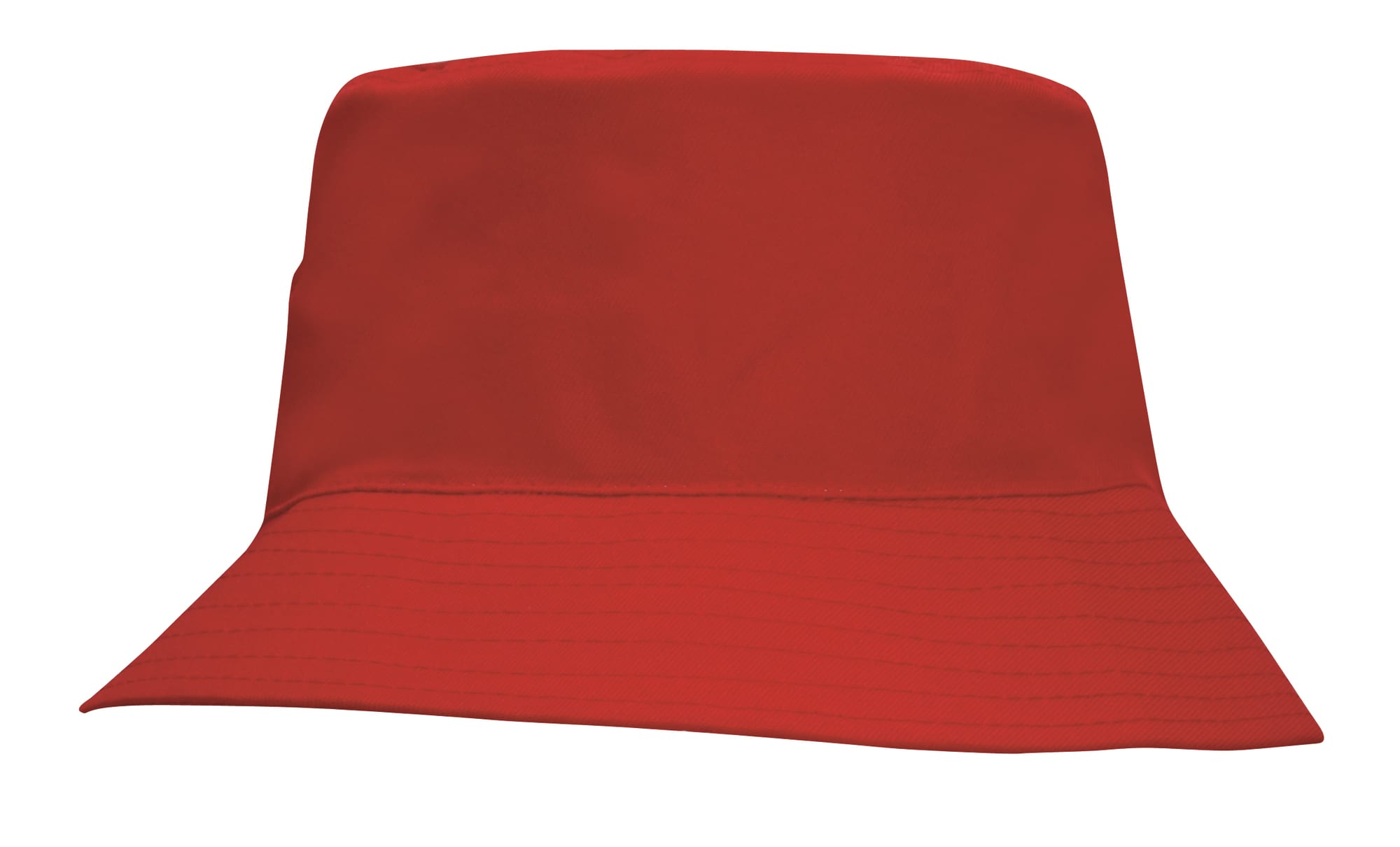 A red breathable poly twill infants bucket hat with a wide brim, featuring a logo.