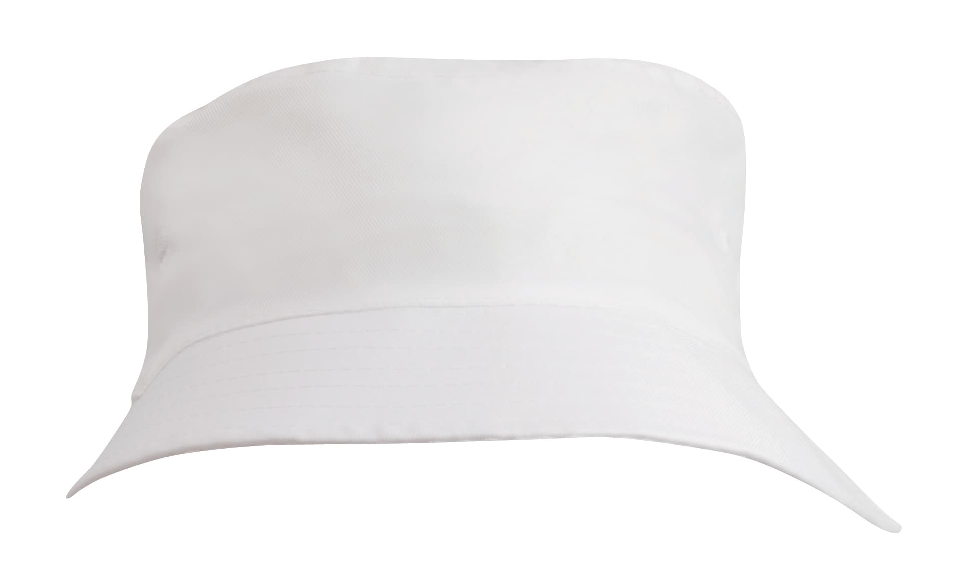 A white breathable poly twill infants bucket hat with a wide brim and a logo.