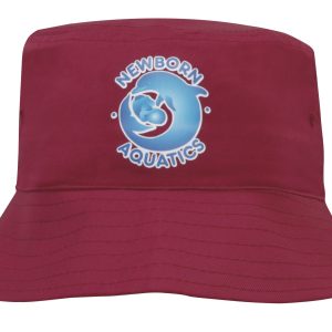A maroon children's bucket hat with a logo on the front, featuring a dolphin design.