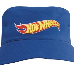 A blue breathable poly twill children's bucket hat with a logo on the front.