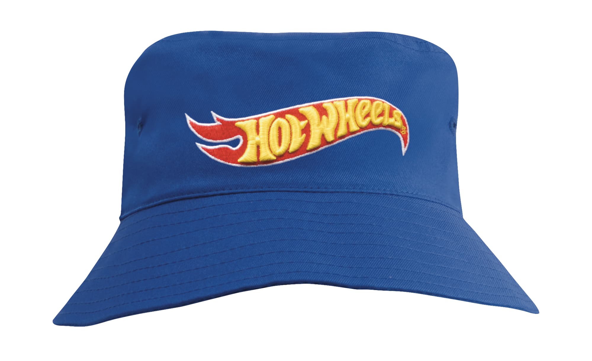 A blue breathable poly twill children's bucket hat with a logo on the front.
