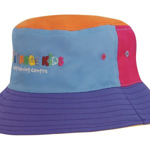 A colourful, breathable poly twill child’s bucket hat in blue, pink, orange, and purple, featuring a logo.