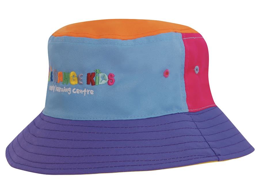 A colourful, breathable poly twill child’s bucket hat in blue, pink, orange, and purple, featuring a logo.